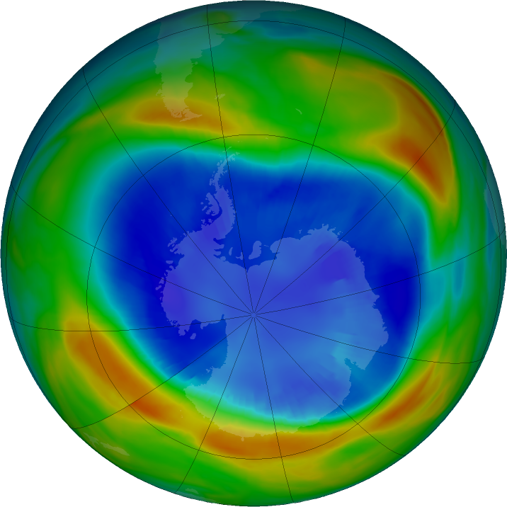 Antarctic ozone map for 30 August 2016